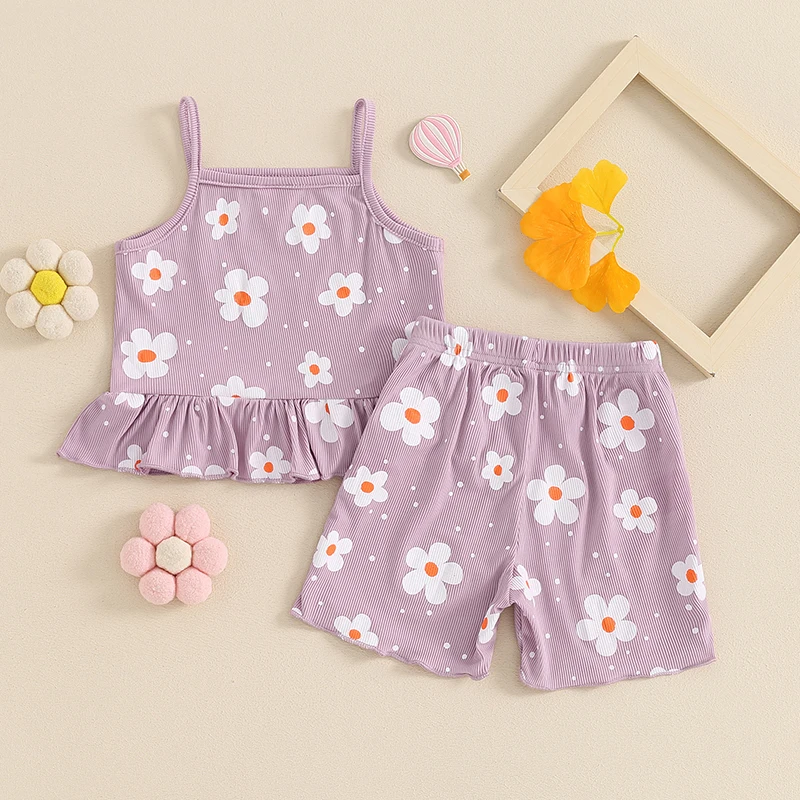 2024-03-11 Lioraitiin Toddler Girl Summer Outfit Flower Print Cami Tops Sleeveless Tank Tops and Elastic Waist Short Clothes Set