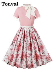 Tonval Pink and Floral 40s 50s Pinup Vintage Dresses for Women Contrast Neck Bow Elegant Summer Pleated Flare Dress