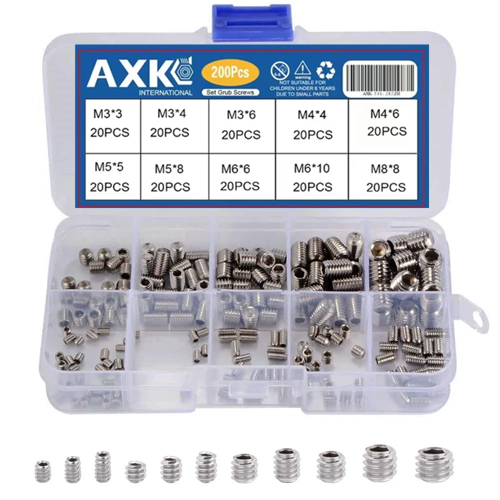 Axk 200 Stuks Allen Hoofd Socket Hex Set Grub Schroef Assortiment Cup Point Rvs M3/M4/M5/M6/M8 Met Plastic Doos