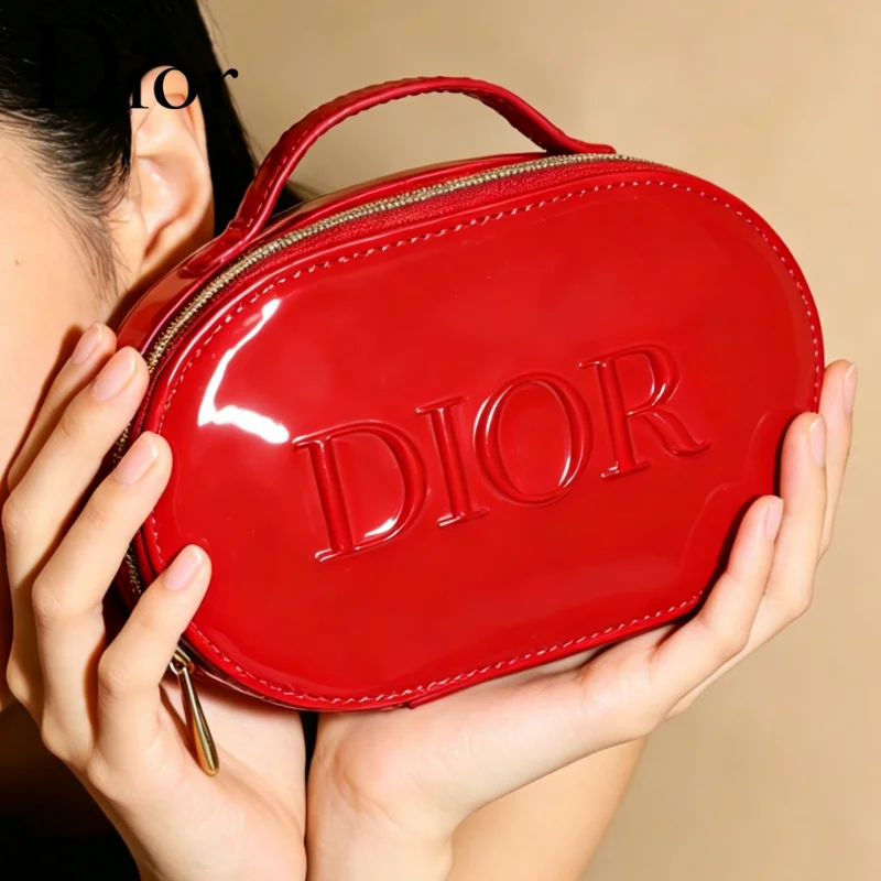 Dior Dior’s Bag Luxury Glossy Bright Red Oval Handheld Makeup Organizer Pouch Patent Leather Embossed Logo Waterproof Travel Cos - view 4