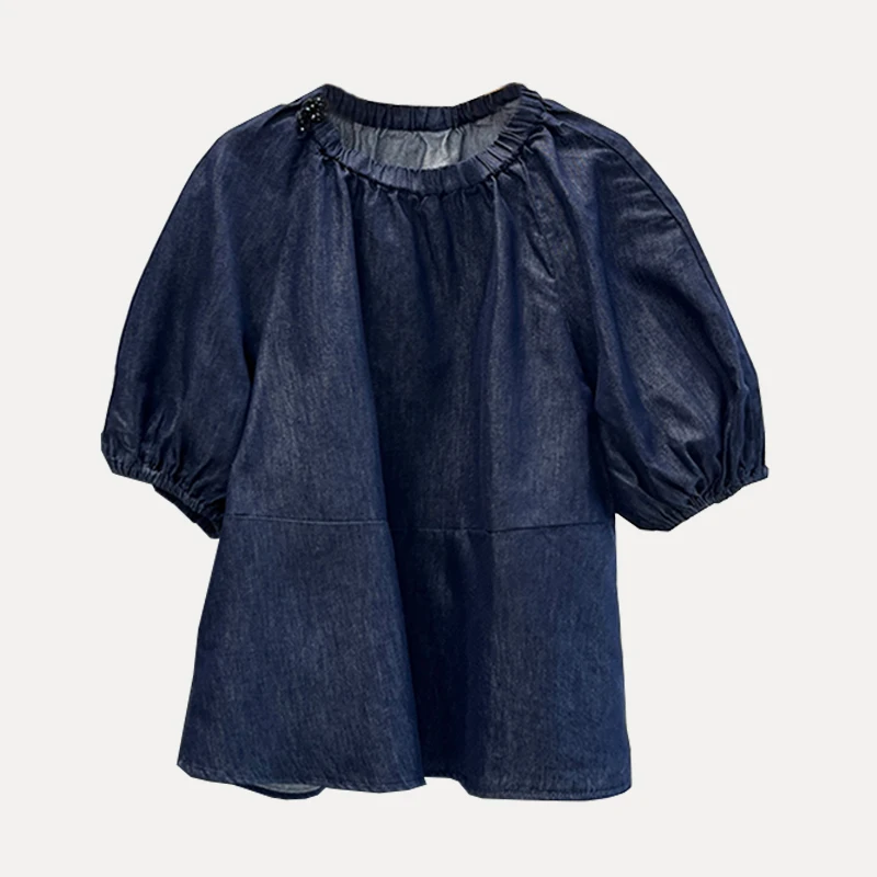 

Z Casual Versatile Faionable Denim irt Women's Commute Sle Loose Fit Polyester Fiber Bubble Sve round Ne or...
