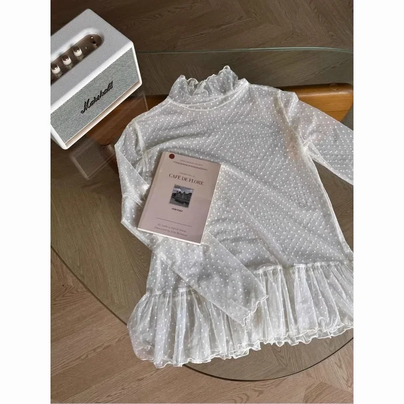 Y2K Sheer See Through Blouse Women Flocking Polka Dot Mesh High Neck Long Sleeve Ruffle Hem Korean Streetwear Daily Tops