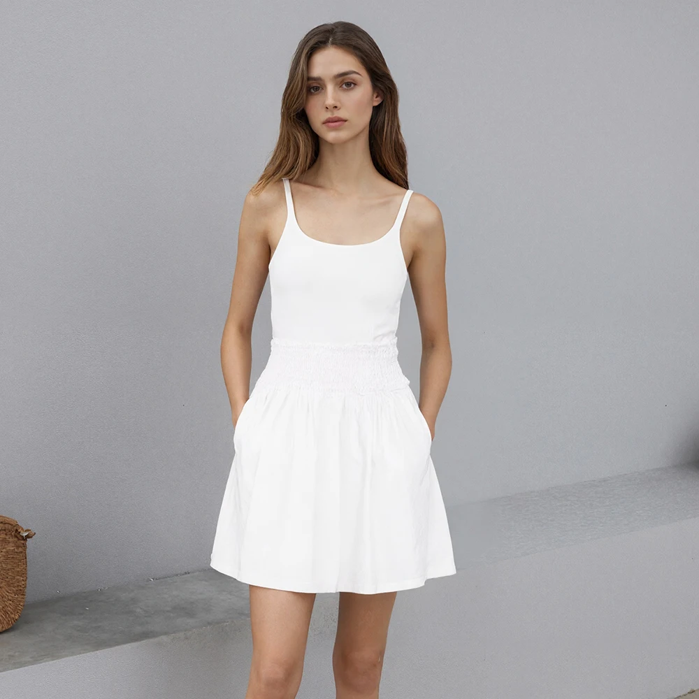 Damen Weißes Kleid mit Geraffter Taille und Spaghetti-Trägern, Sexy Ärmelloses Figurbetontes Fließendes Kleid für Lässige Sommer-Mode, Mini-Kleider