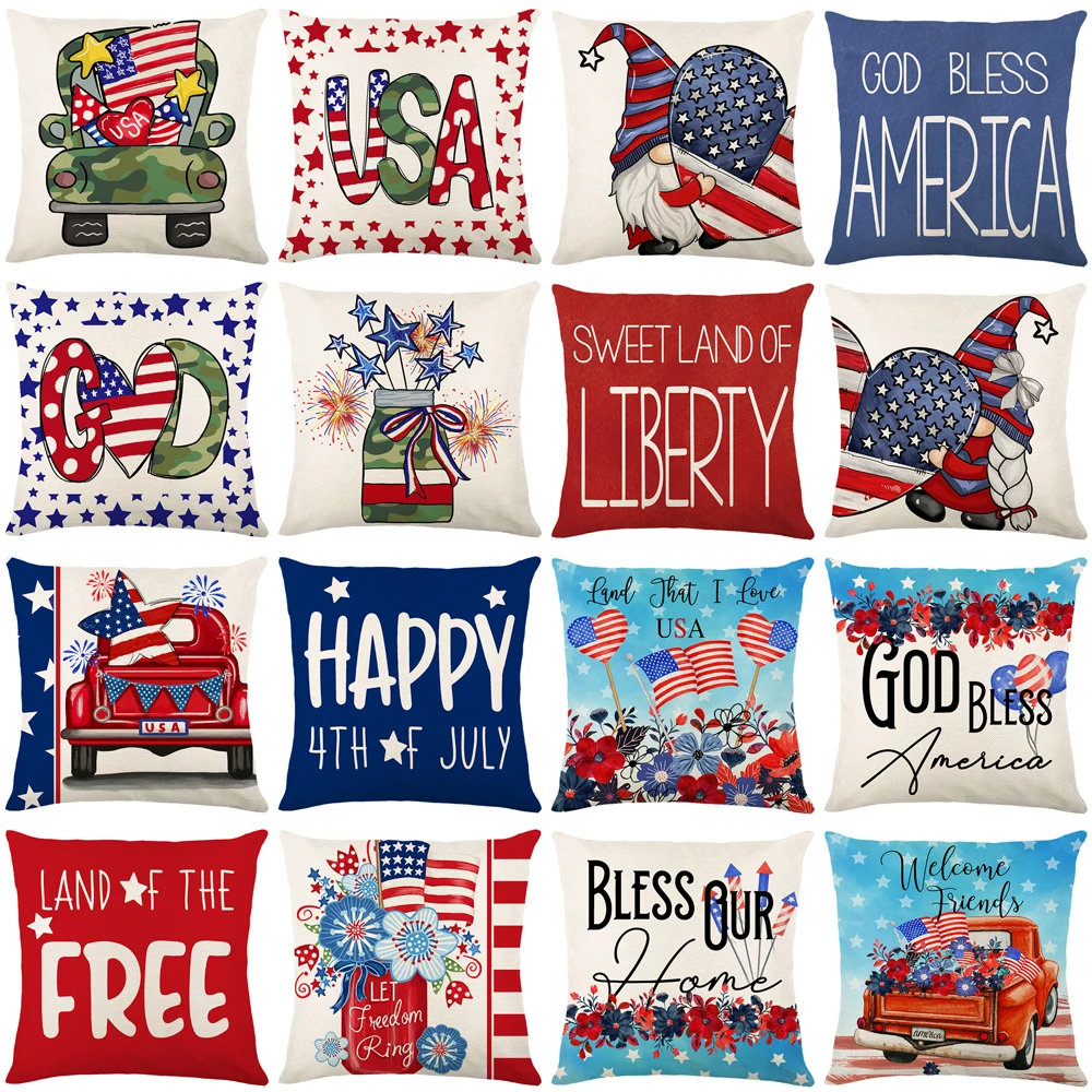 U.S. Independence Day Decoration Cushion Cover for Sofa Stars and Stripes Pillowcase Red White and Blue Linen Pillow Cover 45x45