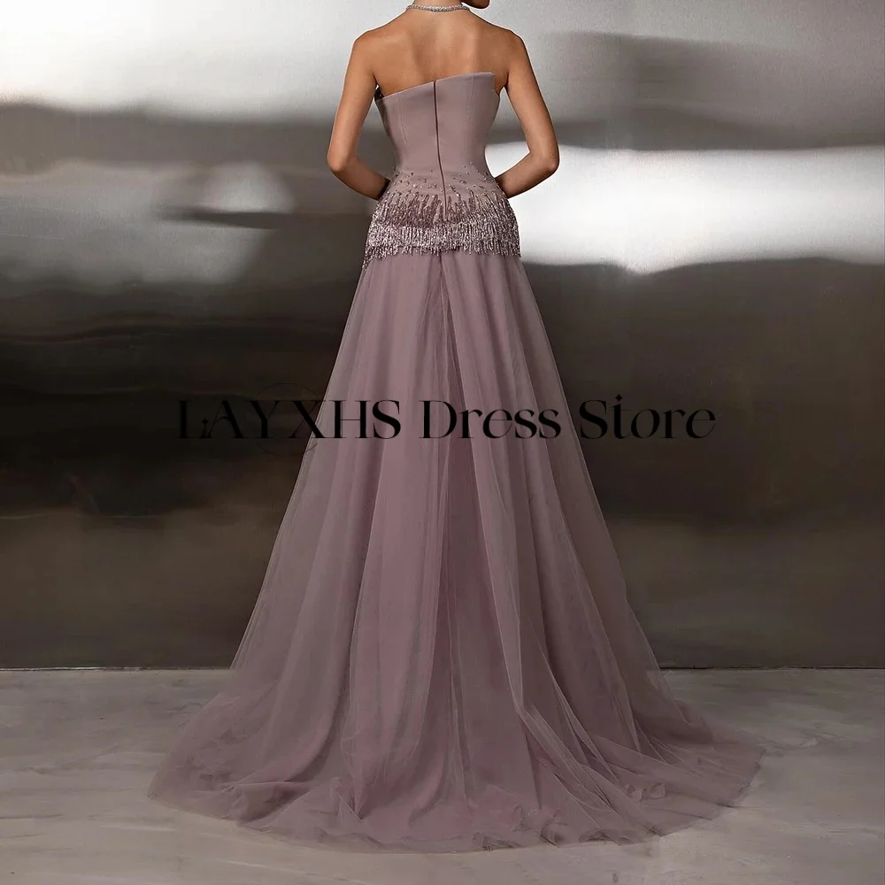 Suknie wieczorowe bez ramiączek LAYXHS, luksusowe, zdobione koralikami, tiulowe, o kroju litery A, zapinane na zamek, sukienki na studniówkę, szyte na miarę, платье вечернее