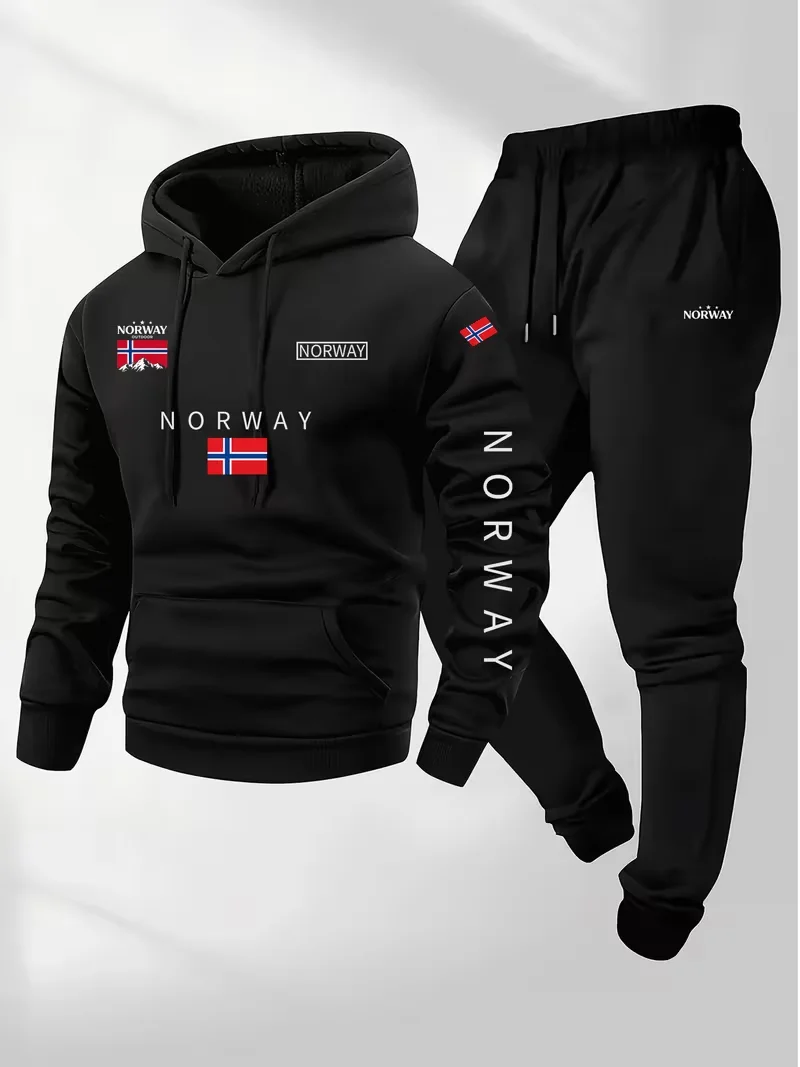 2026 Modisches Cartoon-Set mit Kapuzenpullover und Sporthose mit Kordelzug und norwegischen Buchstaben, lockere Passform, Herrenstil