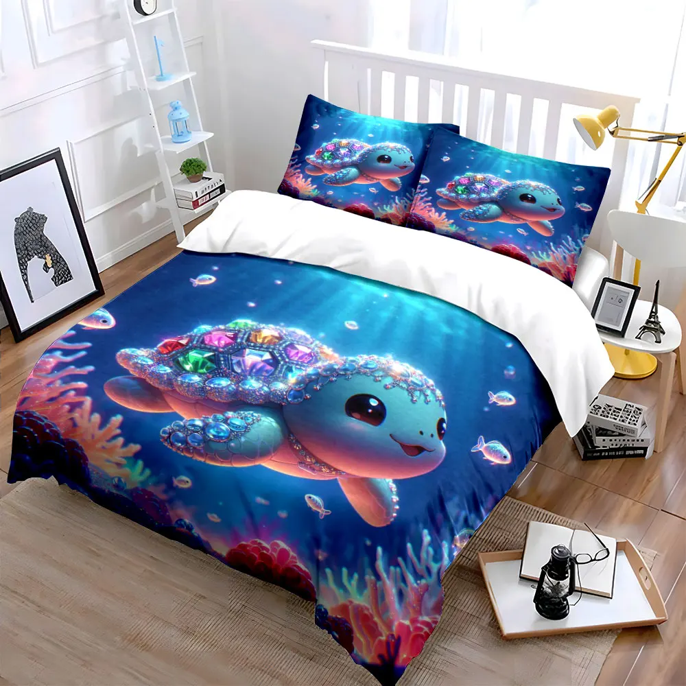 Shimmering Jewel-Encrusted Sea Turtle Duvet Cover Set with 3D Printing Design Soft Polyester Bedding Set All-Season Comfort