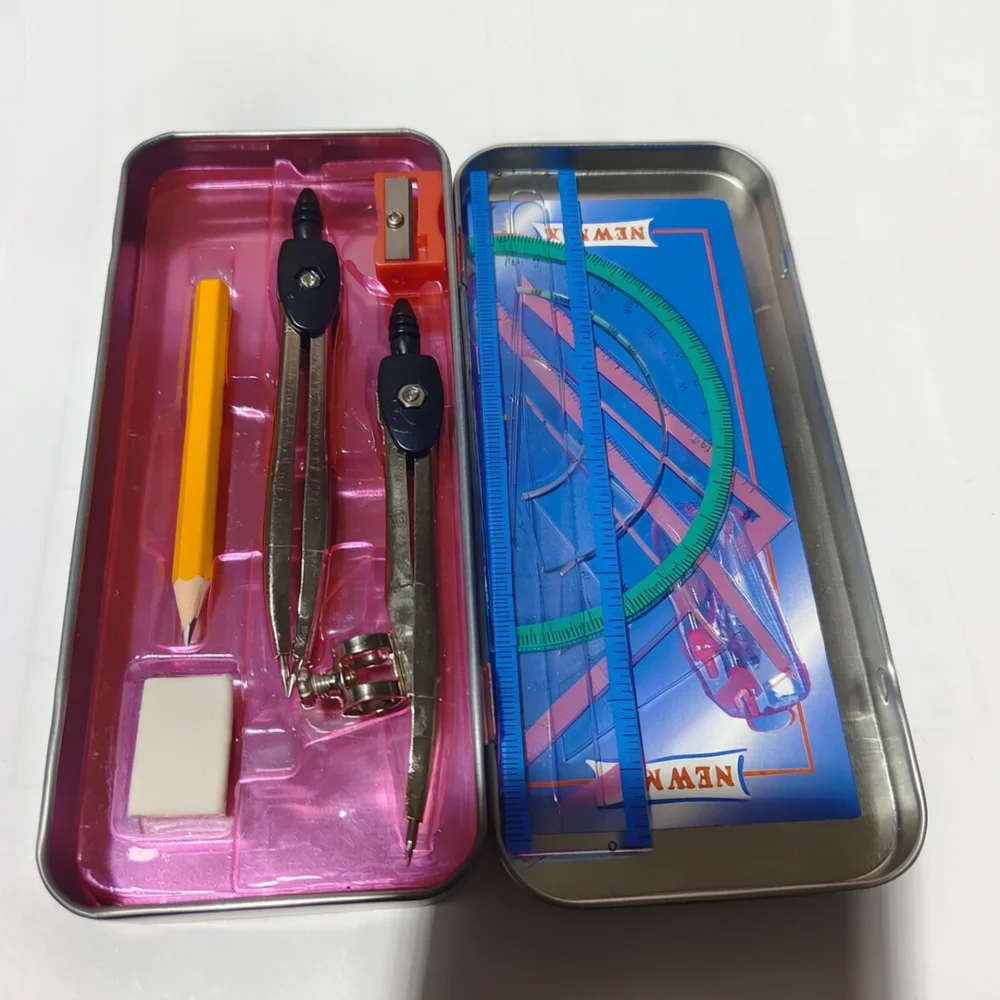 School Geometry Drafting Tool Set Metal Compass Ruler Protractor Kit Tin Box Storage For Student Drawing Stationery