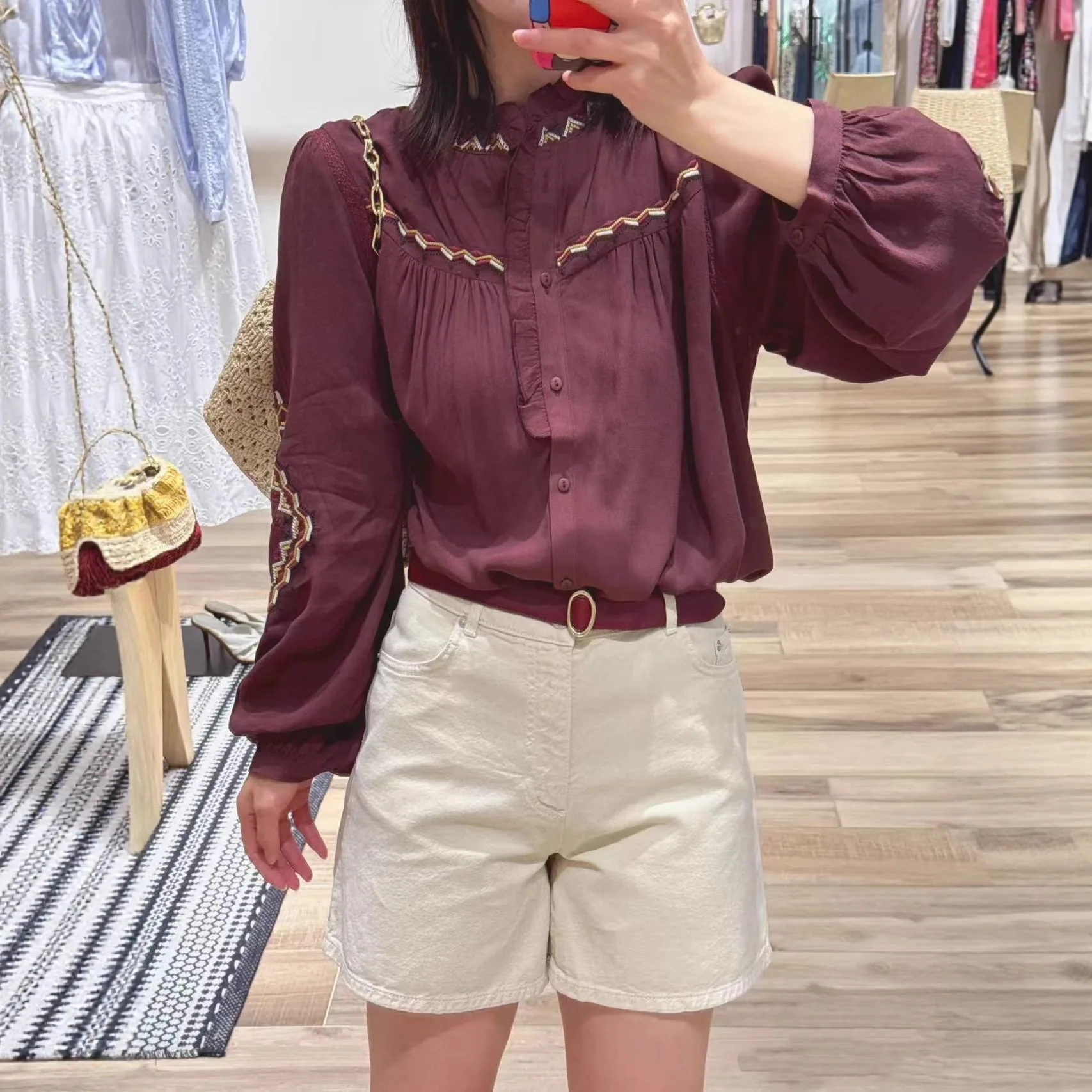 

Retro Brown irt n Embroidery Wood ain Loose Fit Long Sve Polyester Fiber French Sle Women's irt