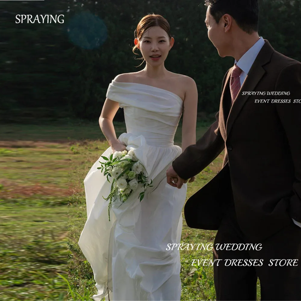 

SPRAYING Simple A Line Removable shoulder straps Korea Wedding Dresses Photo shoot Strapless Sleeveless Floor Length