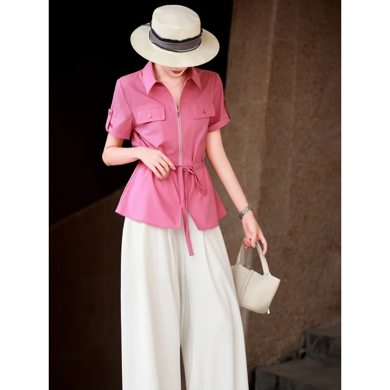 

MEXCOCO New Summer Elegant Commuter Lapel Drawstring Waist Slim Versatile Lyocell Blouse Shirt