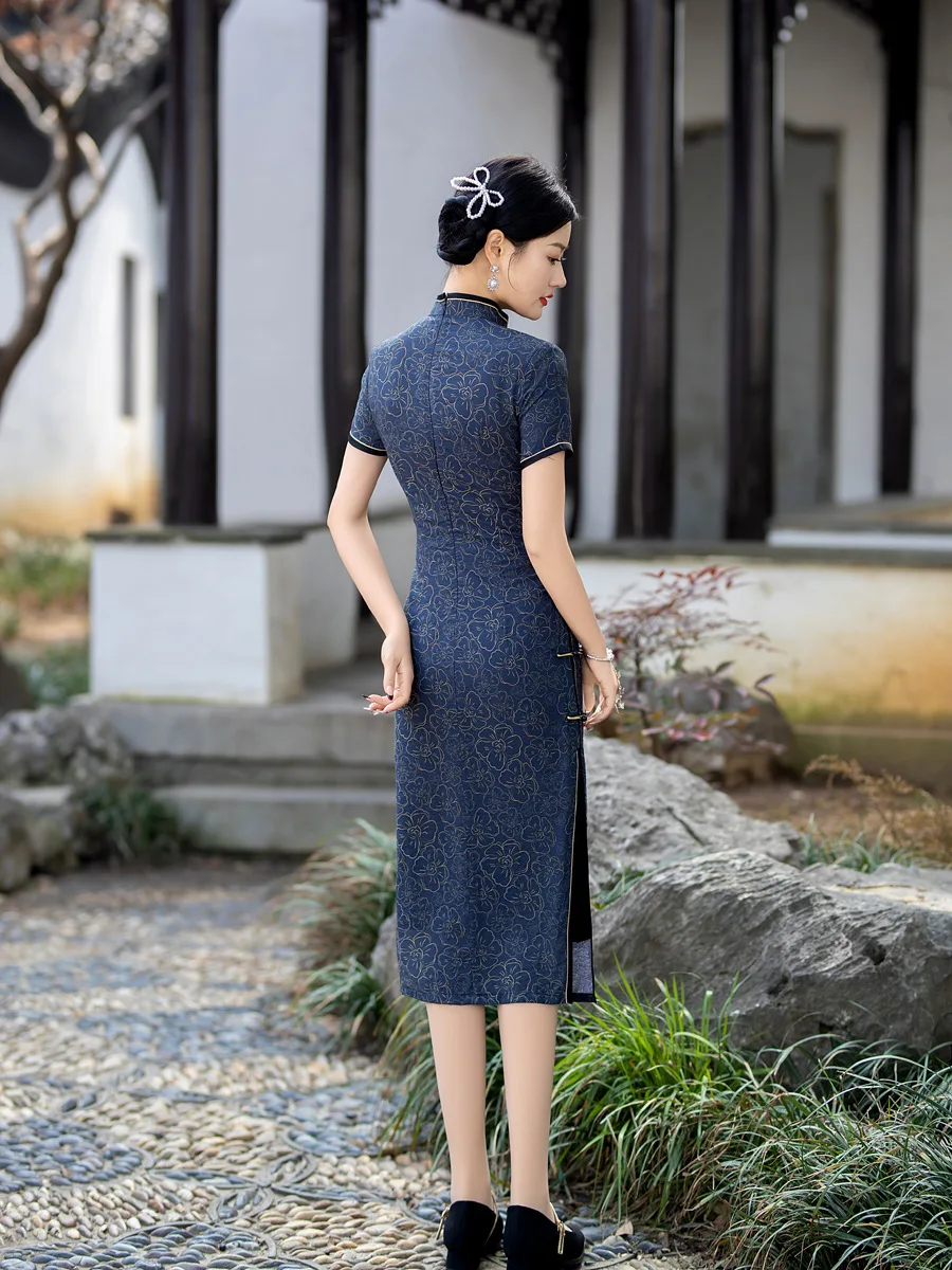 Navy Blue Classic Elegant Chinese Style Women Flower Cheongsam Summer Slim Short Sleeve Qipao Girls Daily Dress