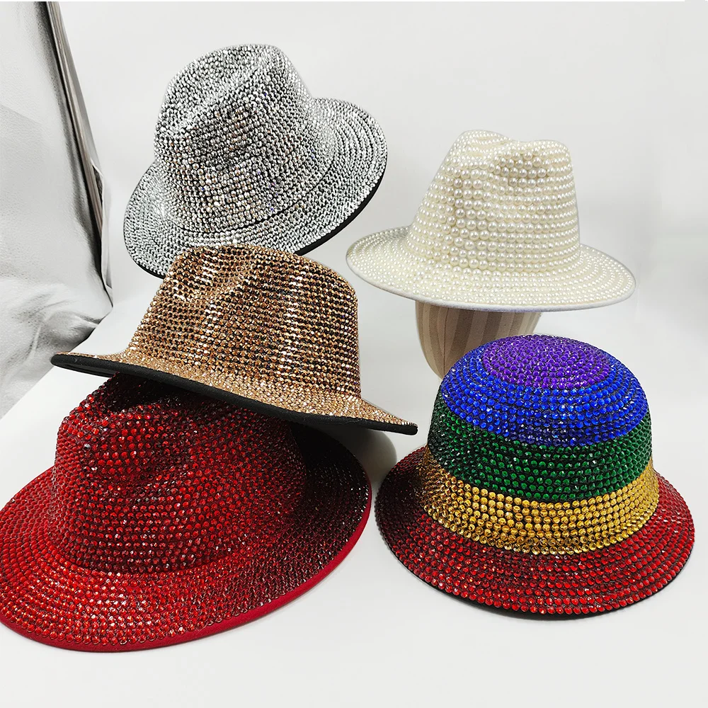 Rhinestone and Pearl Fedoras Jazz Hats for Men and Women Red Matching Black Diamond Fedoras Stage Banquet Cap 2022 wholesale