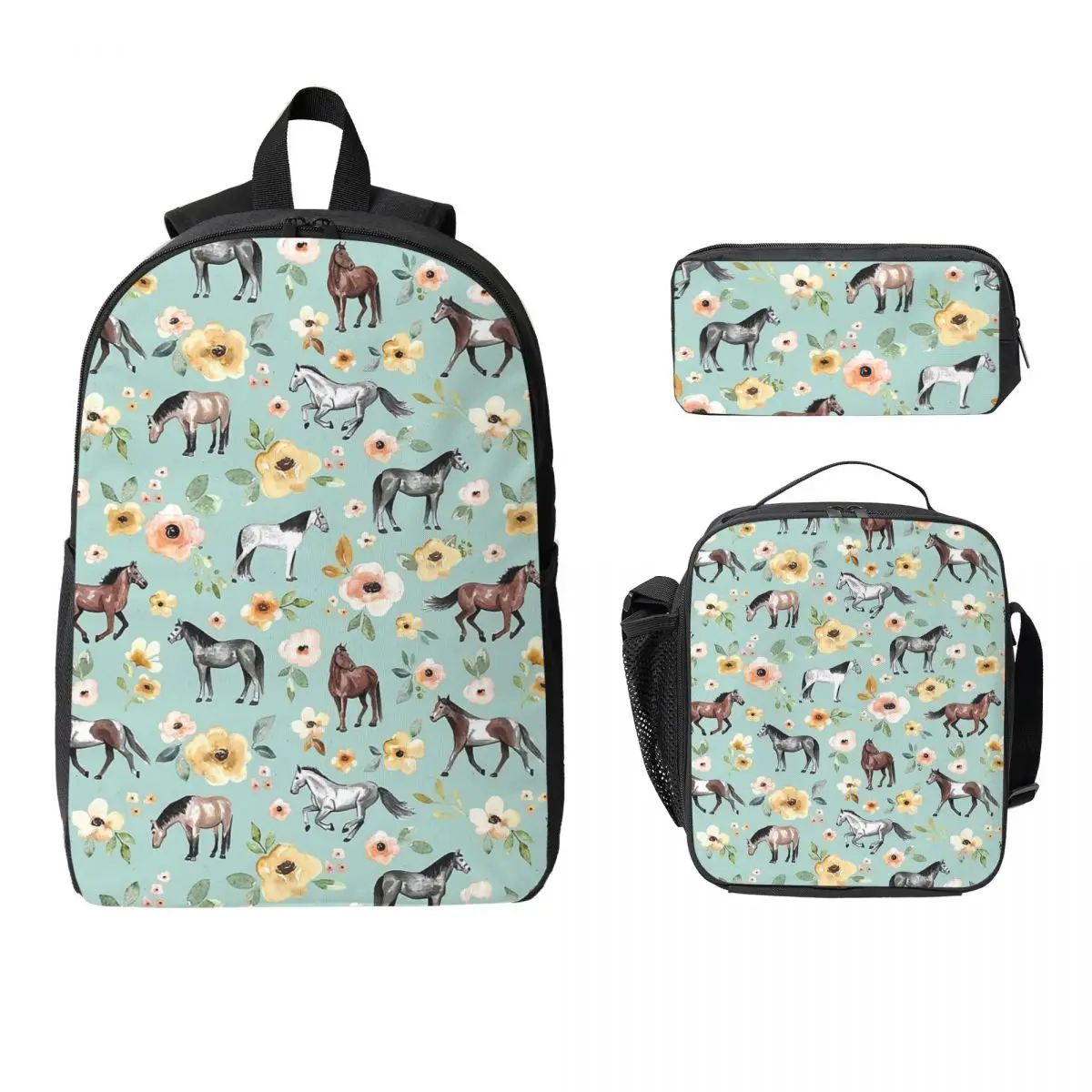 

Horses With Flowers, Sunrise Floral Backpack Boys Girls BookBag School Bag Shoulder Bags 3ps Insulated Lunch Bag Pencil Case