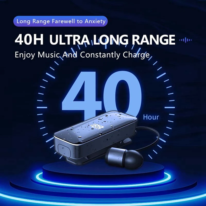 سماعات رأس لاسلكية بشاشة رقمية LED ، بلوتوث ، قابلة للسحبها ، مشبك ياقة ، سماعة رأس مفردة ، قابلة للسحبها بسلك ، سهلة الاستخدام