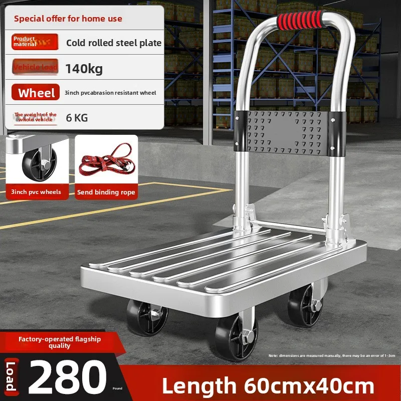 Silent Steel Plate Flatbed Cart Portable Folding Handcart Household Utility Cargo Transporter Tool Cart for Easy Push And Pull