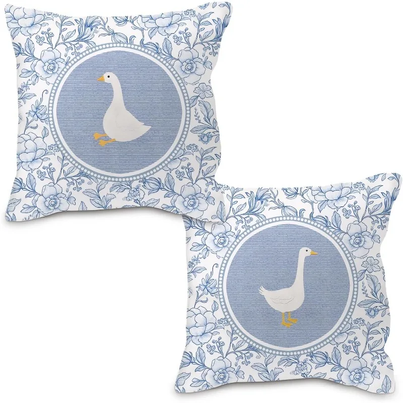 VIKAMA 2pcs Blue And White Garden Goose Hug Pillowcase Wear-Resistant Cloth Material Cure Department Living Room Sofa Pillowcase