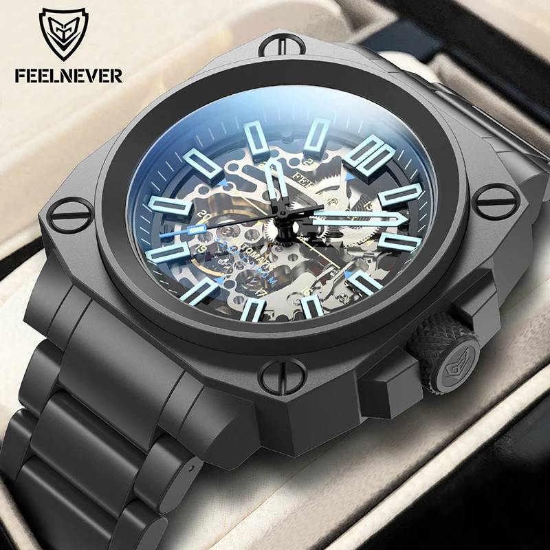 Feelnever Automatische Beweging Heren Horloge Mode Casual Sport Militair Roestvrij Staal Waterdicht Mechanisch Horloge Heren + Box