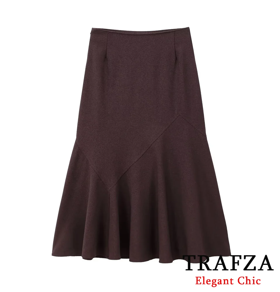 

TRAFZA-Women Elegant Wide-swing Midi Skirt Slim Vintage Zipper Skirt New 2025 Spring Fall Minimalist Commuter High-street Skirt