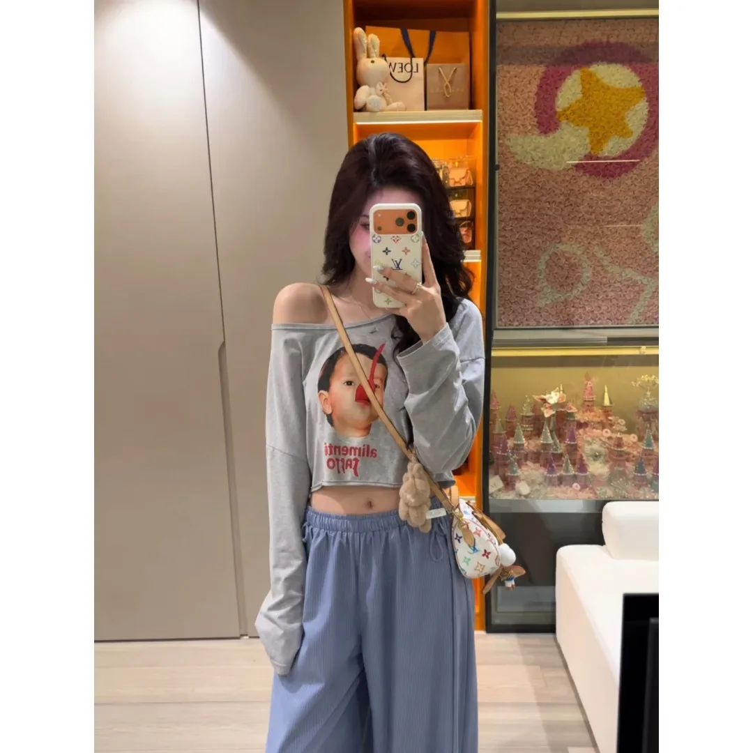 Korean Style Slim Fit Short Sleeve T-Shirt Long Sleeve Printed Diagonal Shoulder Top Trendy Women's Fashion Autumn Citywalk