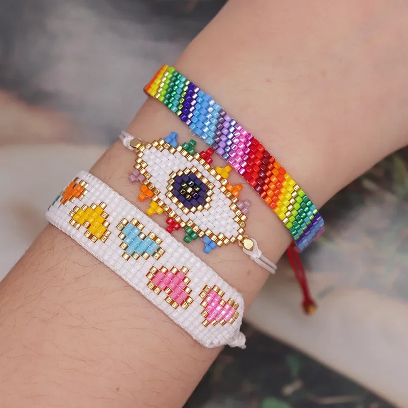 Beaded bracelet Heart Rainbow Design Originality Devil's eye Hand knitting Bohemia Adjustable Tide Simple Rice bead bracelet set