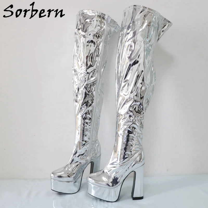 Sorbern Metallic Silver Over The Knee Boots For Women Block High Heel Platform Fetish Boots For Drag Queen Gaga Heels Custom