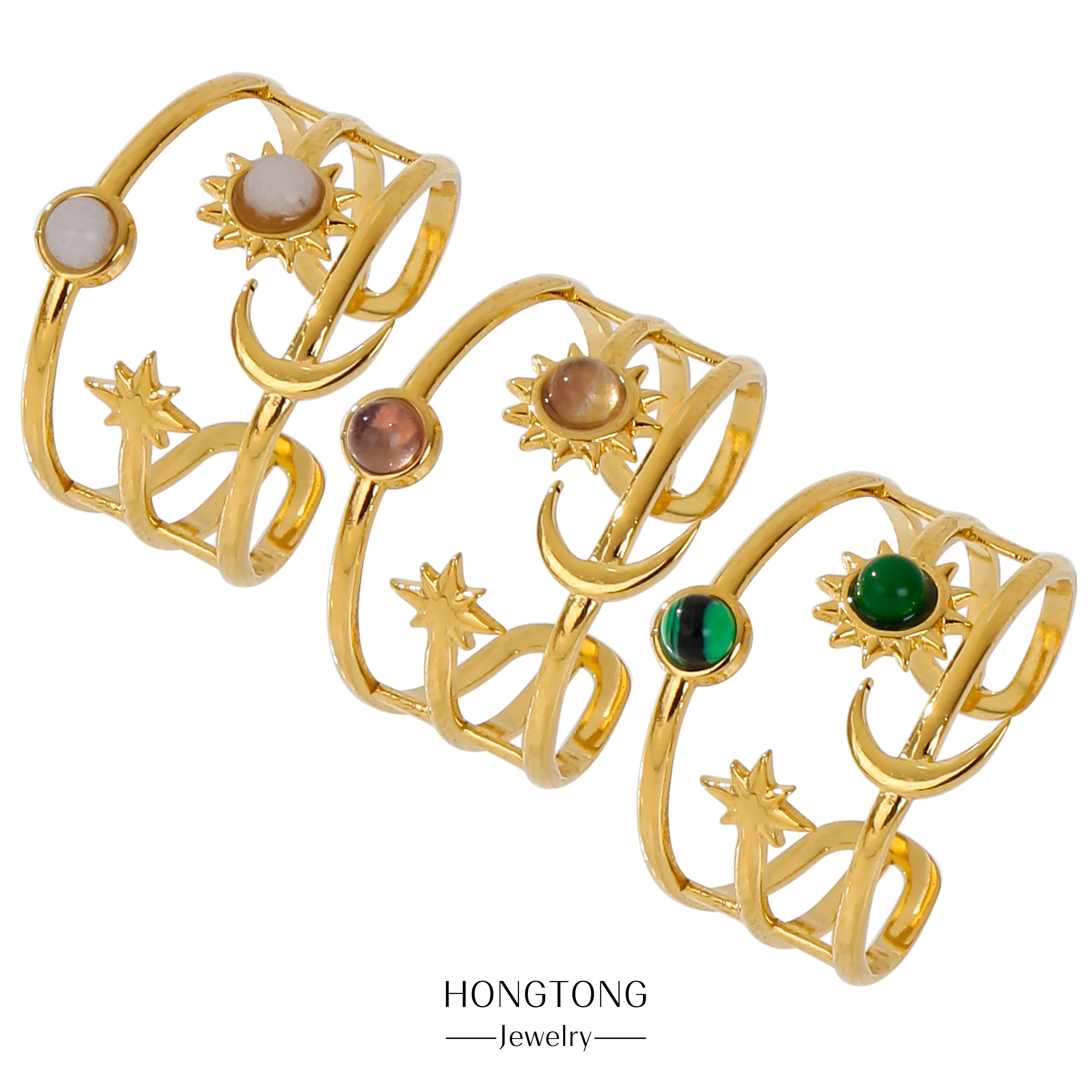 

HONGTONG 18K Gold-Plated Planet Three-Color Gemstone Oil Pressed Hot Model Best-Selling Fashion Stainless Steel Ring Jewelry