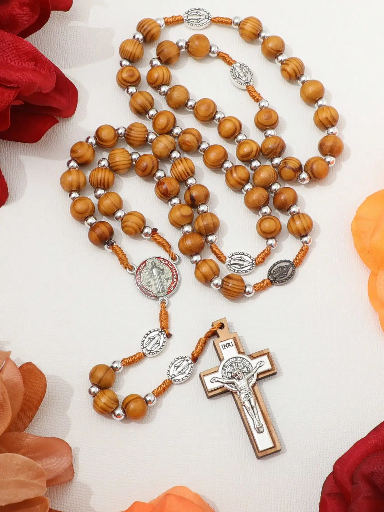 10MM Wood Rosary Beads Necklace For Women Men Catholic Jesus Christ On INRI Cross Crucifix Pendant Long Chain Religious Jewelry