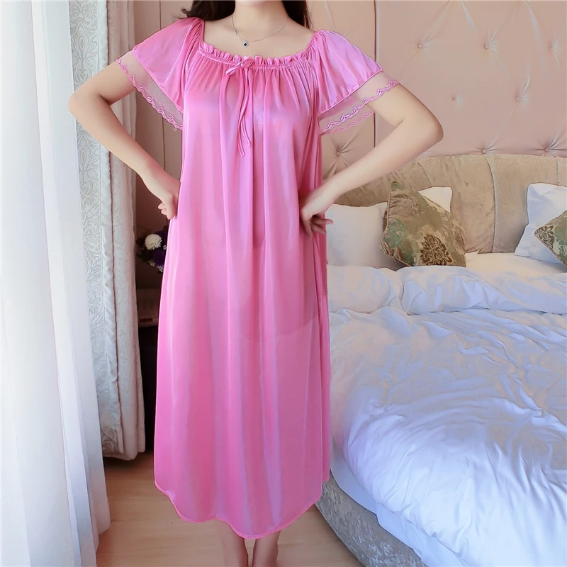 Oversize 6XL O Neck Women Satin Nightgown Sexy Sleepwear Short Sleeve Ladies Silk Nightwear Sleep Wear Night Gown Lingerie Dress