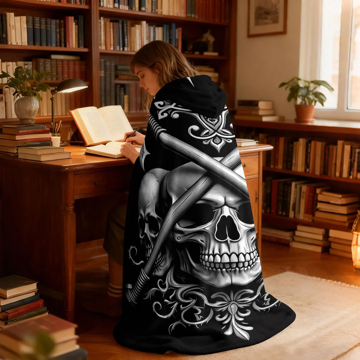 1pc skeleton war axe retro pattern hat blanket flannel hoodie to wear as a cape blanket soft casual blanket