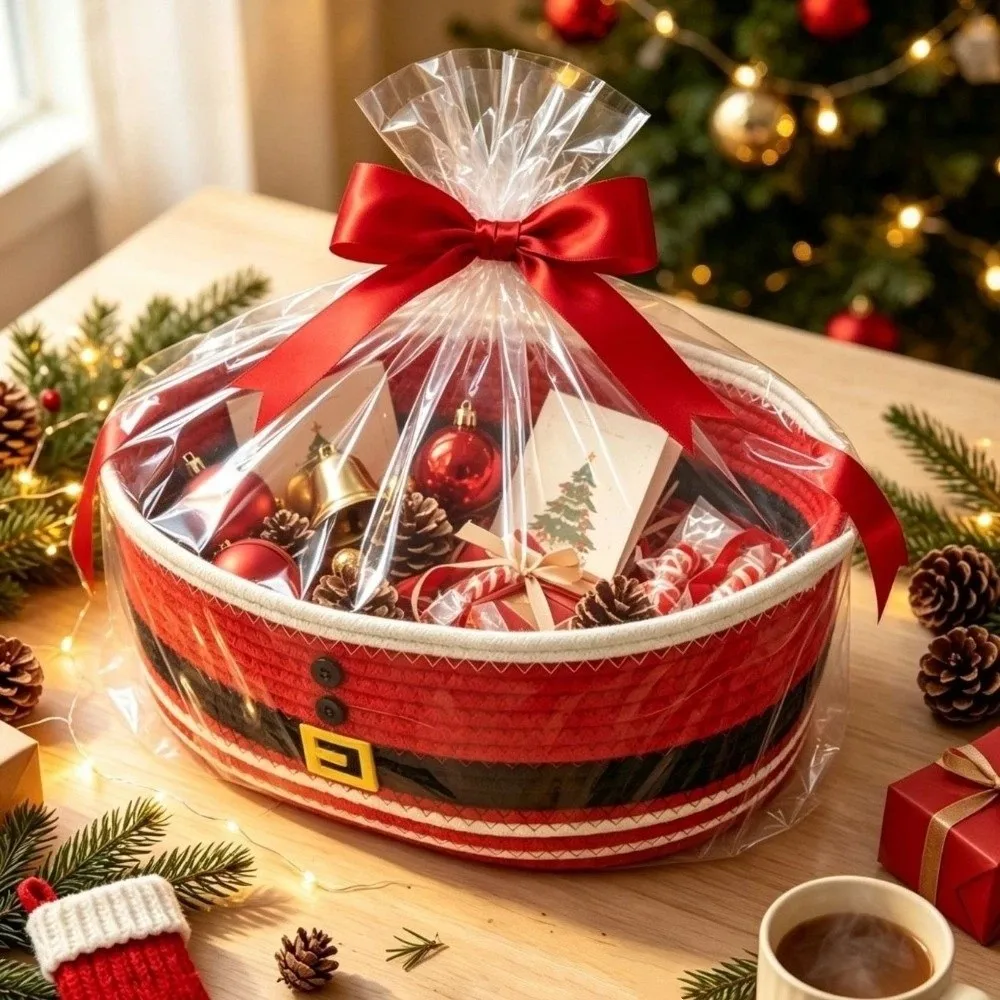 Cotton Rope Christmas Woven Storage Basket Santa Claus Braided Snack Storage Basket Ribbon Trim Christmas Gift Basket Storage