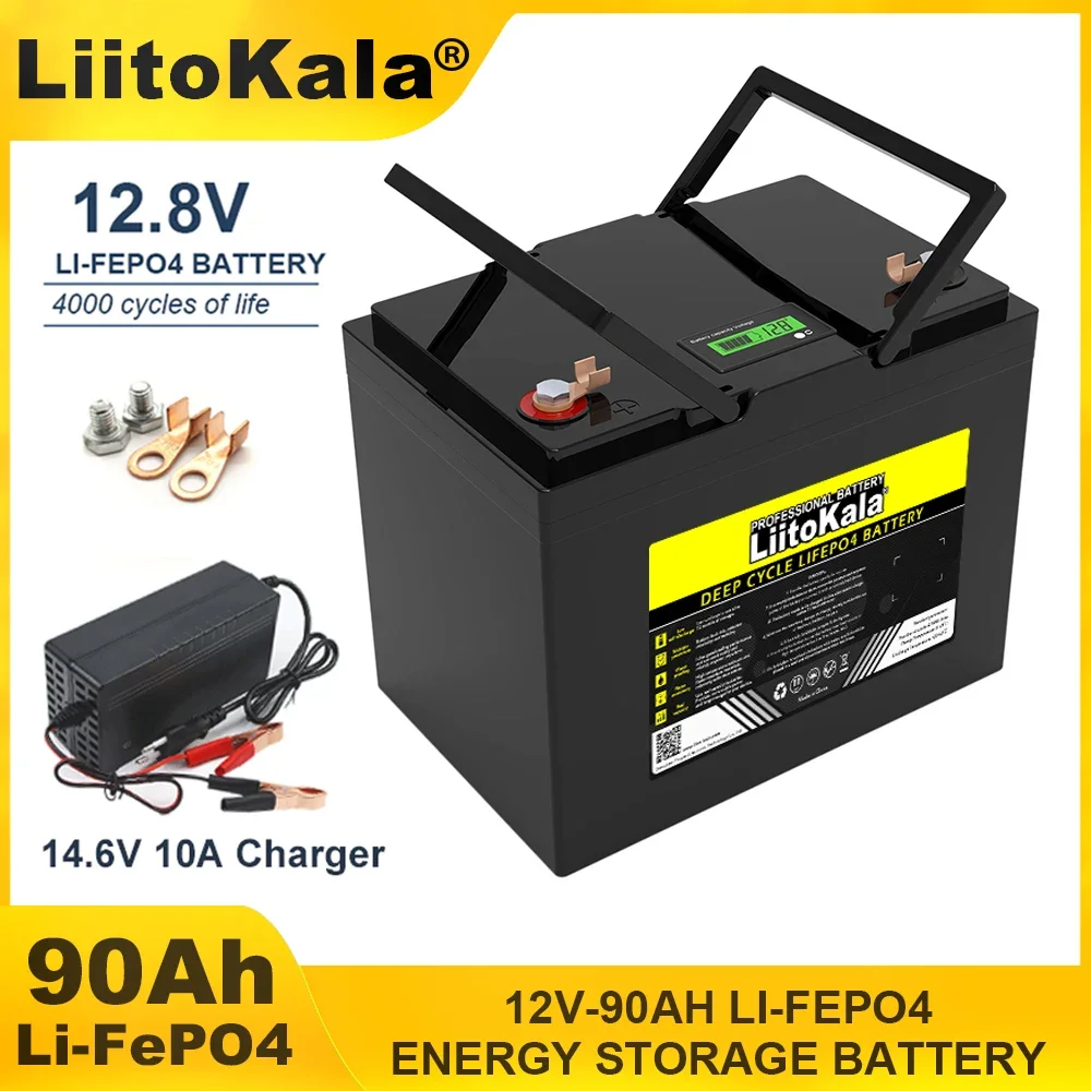 LiitoKala 12.8V 90AH LiFePO4 Battery 12v Lithium Iron Phosphate Batteries Golf cart Car lighter Solar +14.6V 10A Charger