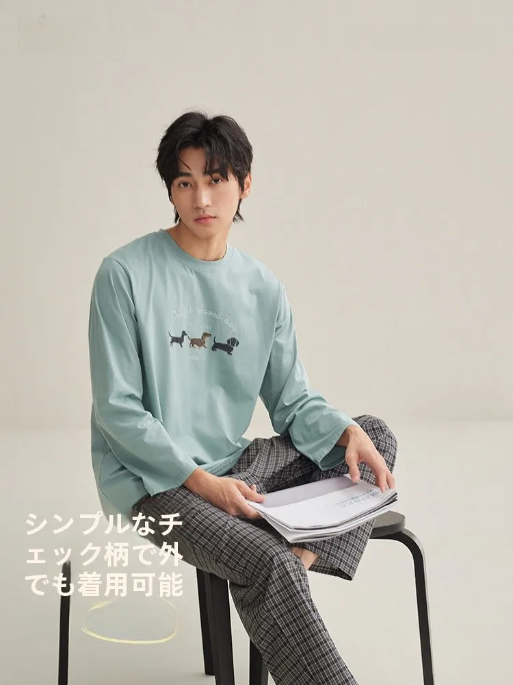 anziban-pure-cotton-men's-sleepwear-spring-autumn-thin-round-neck-long-sleeve-simple-outdoor-wearable-home-clothes-for-youth