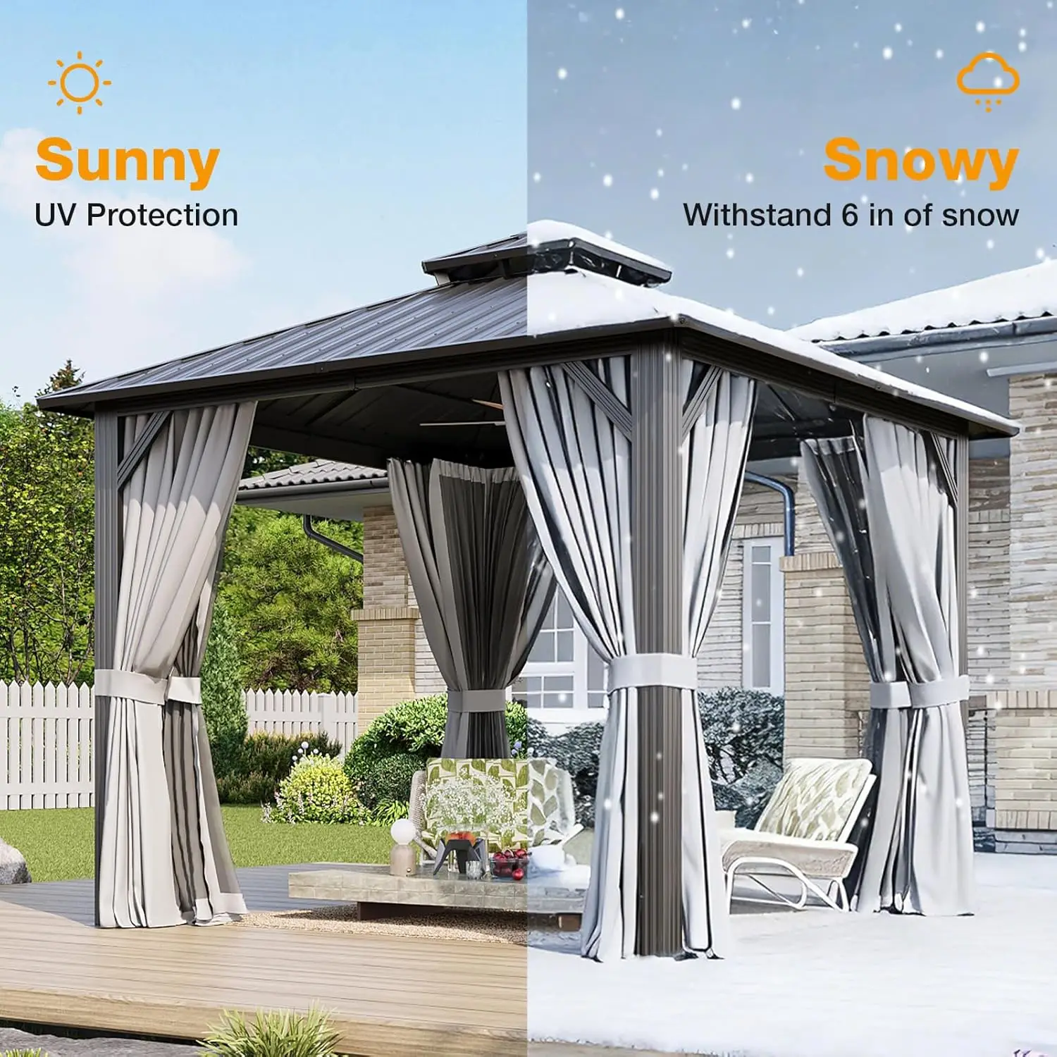 

10x10FT Hardtop Gazebo, Metal Frame with Double Galvanized Steel Roof, Permanent Outdoor Pergola with Curtains and, Customized