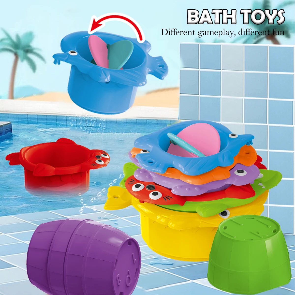 Baby Bath Toys, Stacking Cup Toddler Toy Random Colors Ocean Stacking Tower Bathtub Water Beach Play Bathroom Game Gifts