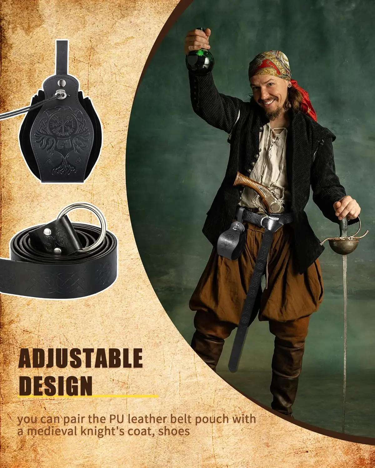 1 Stück 2 mittelalterlicher Retro-Gürtel, Unisex-Geldbörsen-Set aus Leder, Renaissance-Wikinger-Ritter-Accessoires, runde Ring-Gürtelschnalle, Renaissanc