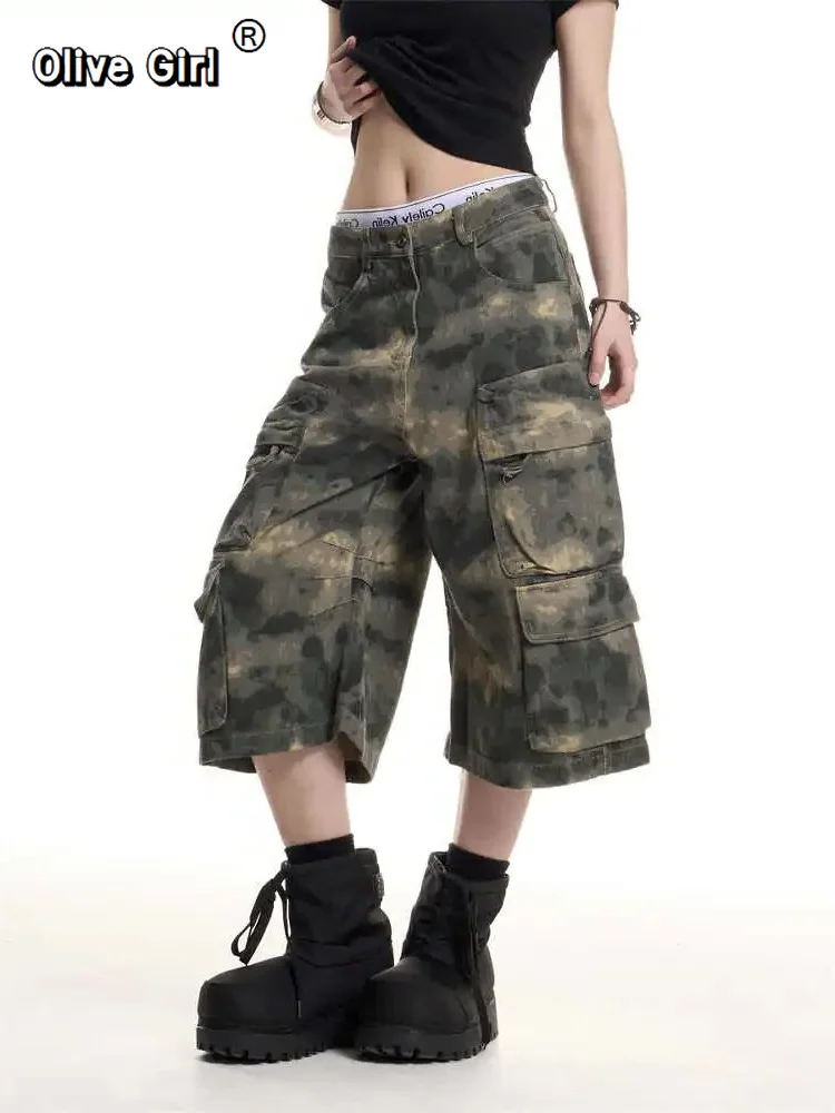 Olivegirl Women Camouflage Jorts Cargo Jean Men Abi Y2K 2000s Ripped Denim Pants Japanese American Retro Cyber Punk Harajuku