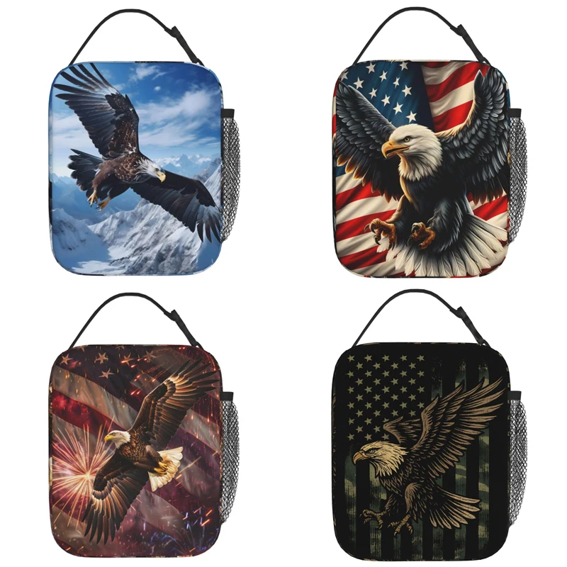 Bald Eagle Lunch Box for Men,American Flag Lightweight Reusable Lunch Bag Portable Handbags Gifts for Picnic Travel School