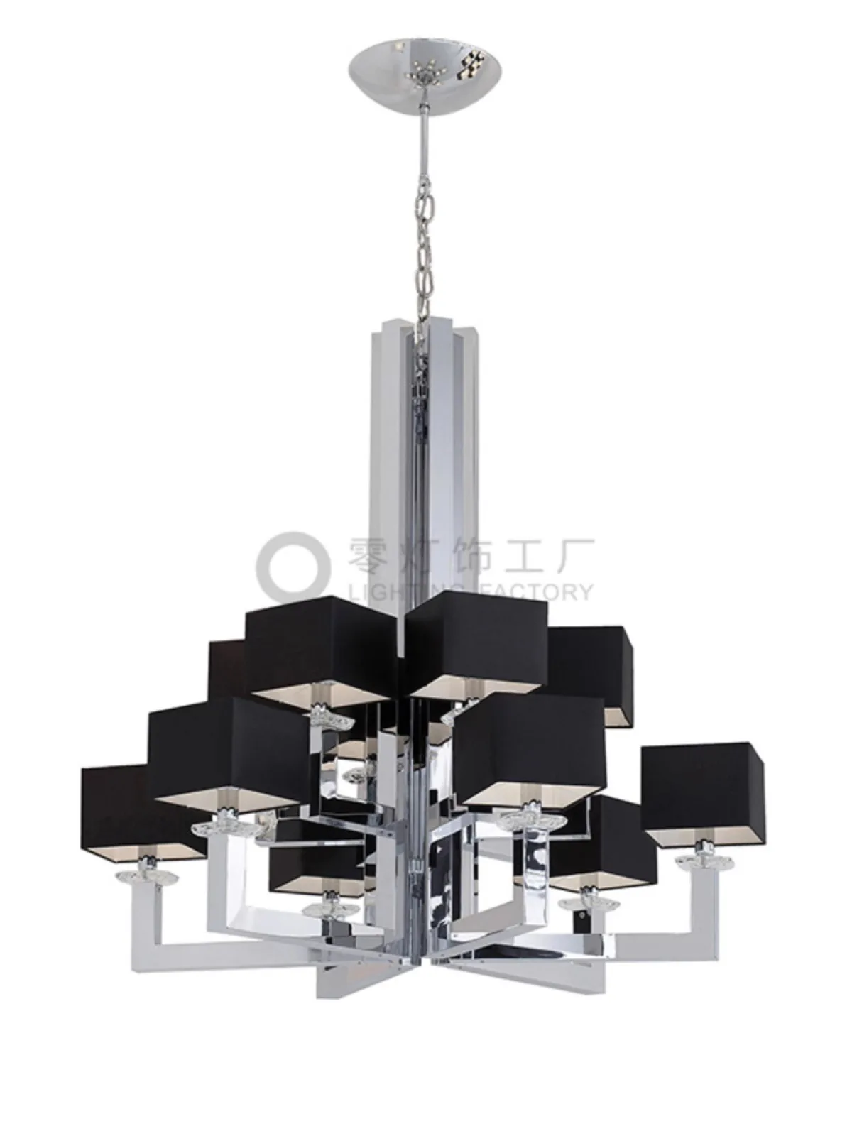 

Chrome chandelier lighting 12 lights in living room villa lobby with black shades Diameter 37inches Height 37 inches