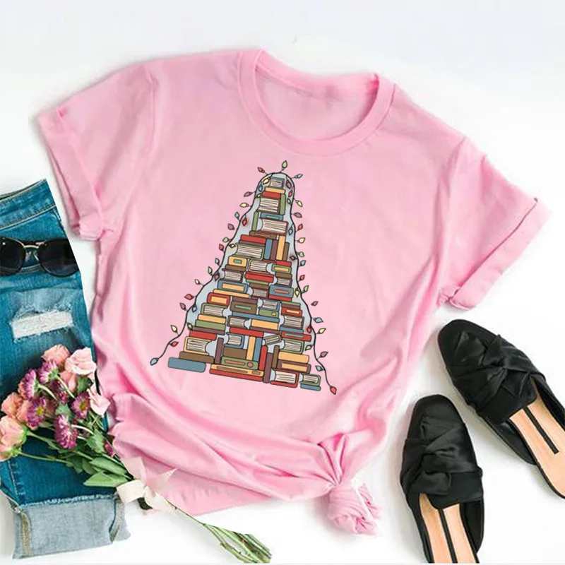 Christmas Book Tree Shirt Gift for Books Lovers Tree Teacher Short Sleeve Top Tees O Neck 100% Cotton Fashion goth Drop Shipping