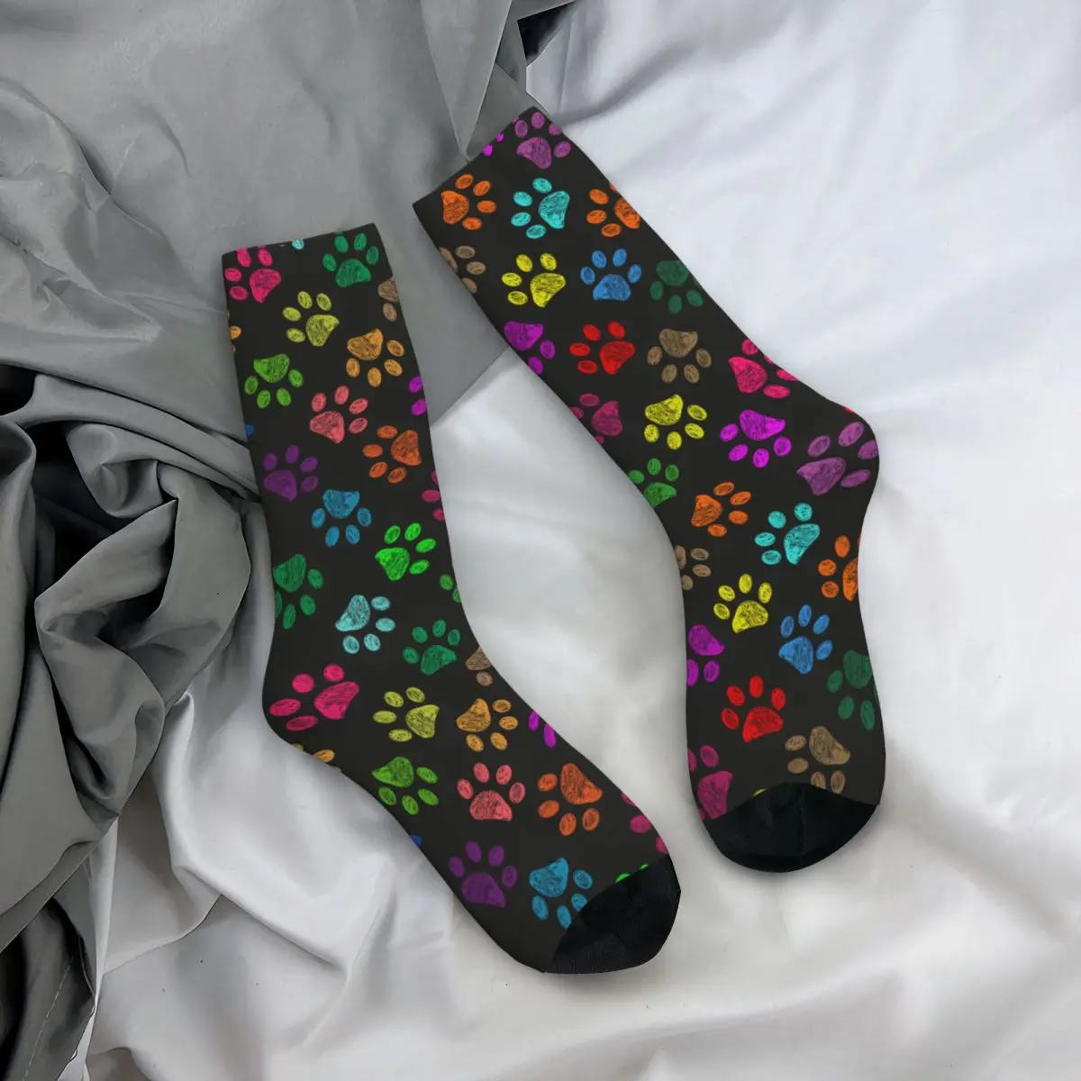 Retro Colorful Dog Paw Animal Foot Prints Football Socks Polyester Crew Socks for Unisex Breathable