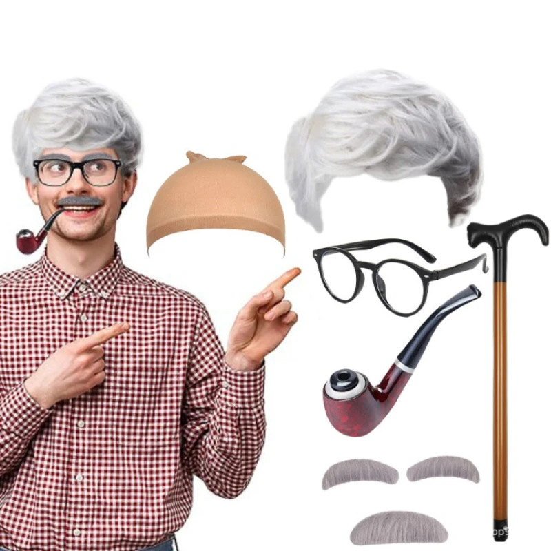 

100th Day Of School Cosplay Grandpa Old Men Glasses Gray Wig Cosplay Fake Eyebrow Beard Pipe Old Man Outfit Accessories