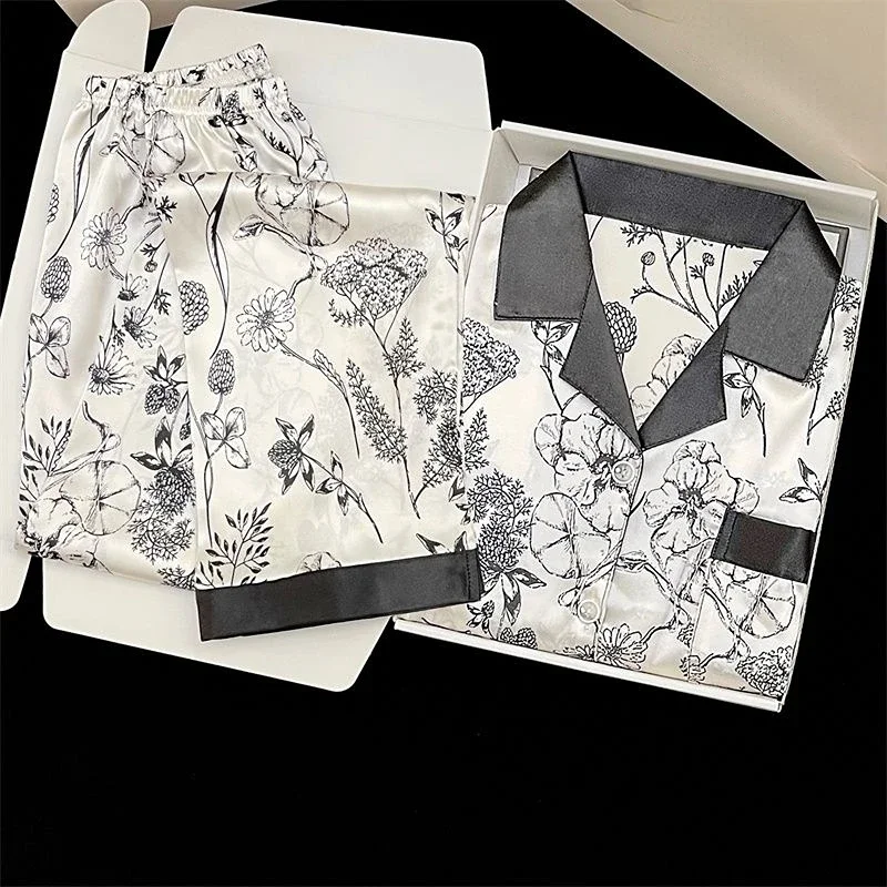 Pijamas clásicos chinos con estampado de flores y pintura de tinta para mujer, salones de estética artística elegante, ropa de casa de seda simulada, primavera 2025