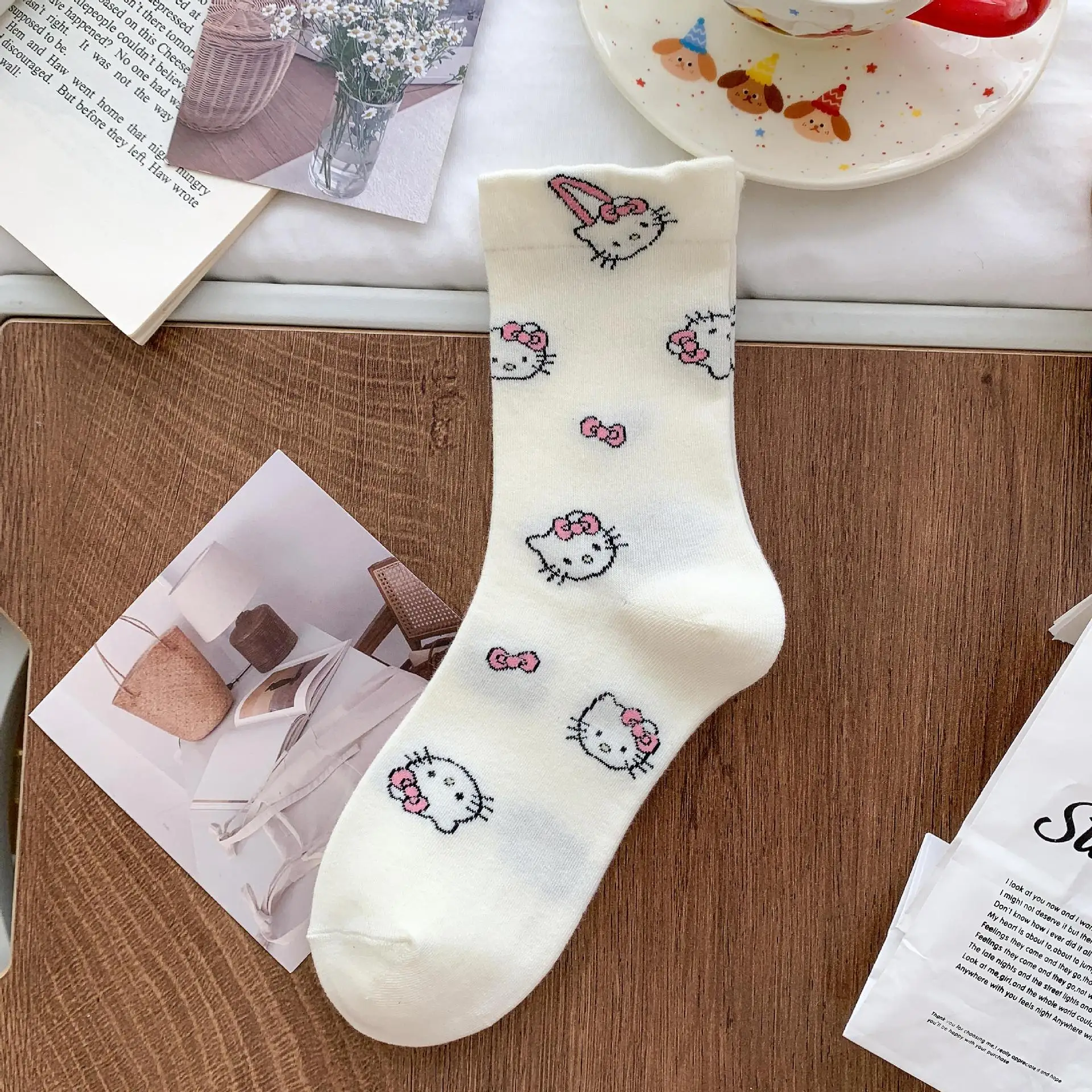 

KT Cat Lace Mid-Calf Socks Spring/Summer Collection Japanese-Style Cute Cartoon Bubble Socks White Fashionable and Versatile Wom