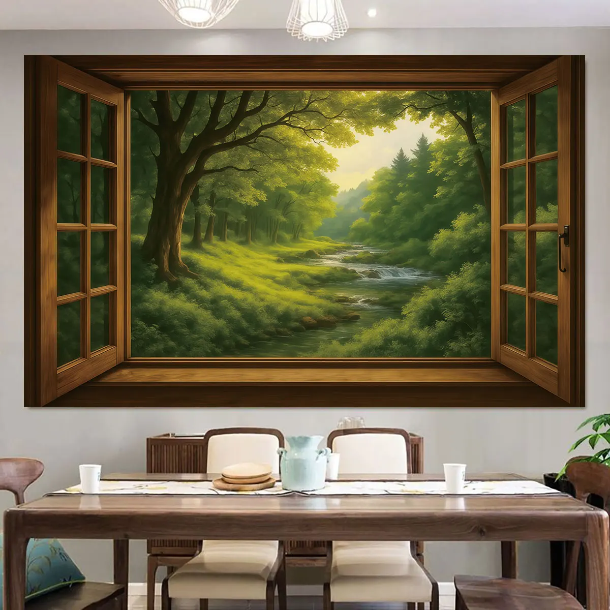 1PC Forest Stream Window Landscape Flat Wall Sticker Self Adhesive Art Mural For Living Room Bedroom Interior Decor