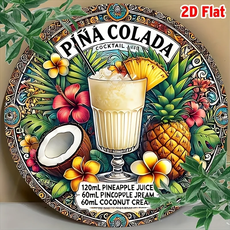 2D Flat, 1pc Vintage Tropical Metal Wall Art Sign - Vibrant Pina Colada Cocktail Design with Pineapple, Coconut, Hibiscus & Palm