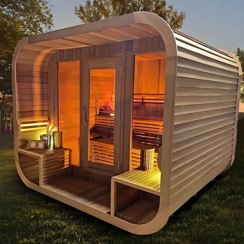 Cube outdoor high-end solid wood steam room Luxury sauna for 6-8 people Garden sauna wooden house