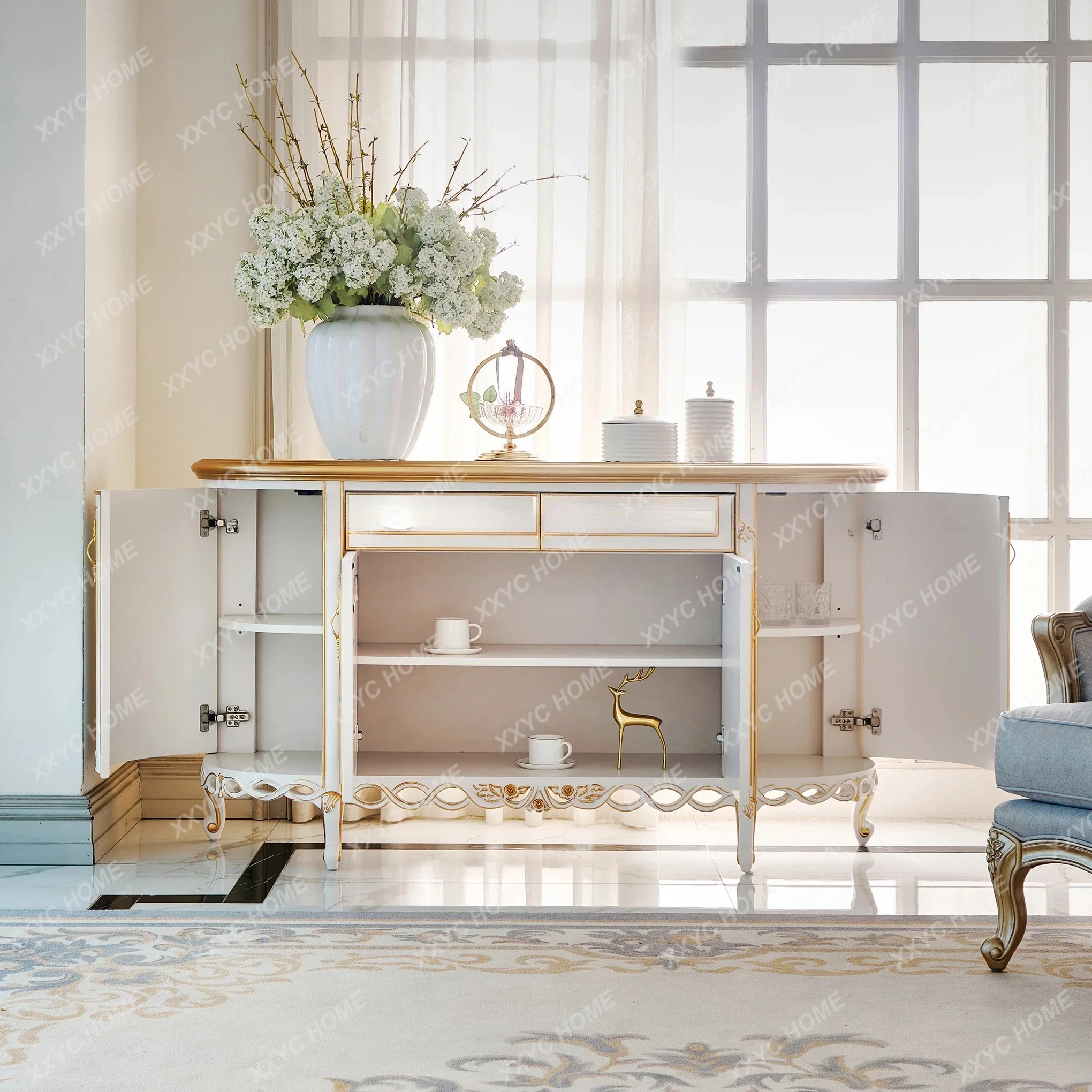 JJHigh-end Custom Villa Furniture European Retro Solid Wood Hand-painted Entrance Cabinet