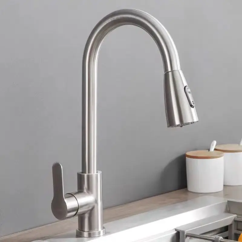 SUS Stainless Steel Pull-Out Kitchen Faucet 360° Rotation with Spray Head Single Hole Sink Mixer Tap for Home Kitchen