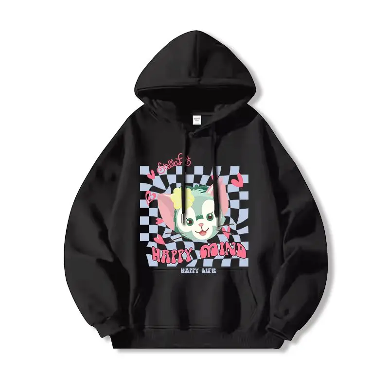 

Толстовка Disney StellaLou, женский хлопковый флисовый пуловер, весна-лето 2022, толстовка с рисунком, черная основа, кошачий лист, розовые уши, желтый